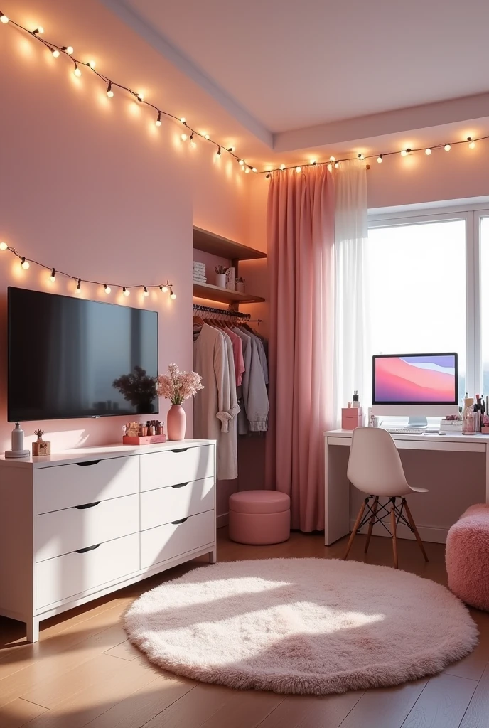 aesthetic cozy bedroom for teenager girl with flat screen tv and vanity and closet and a computer set up with window