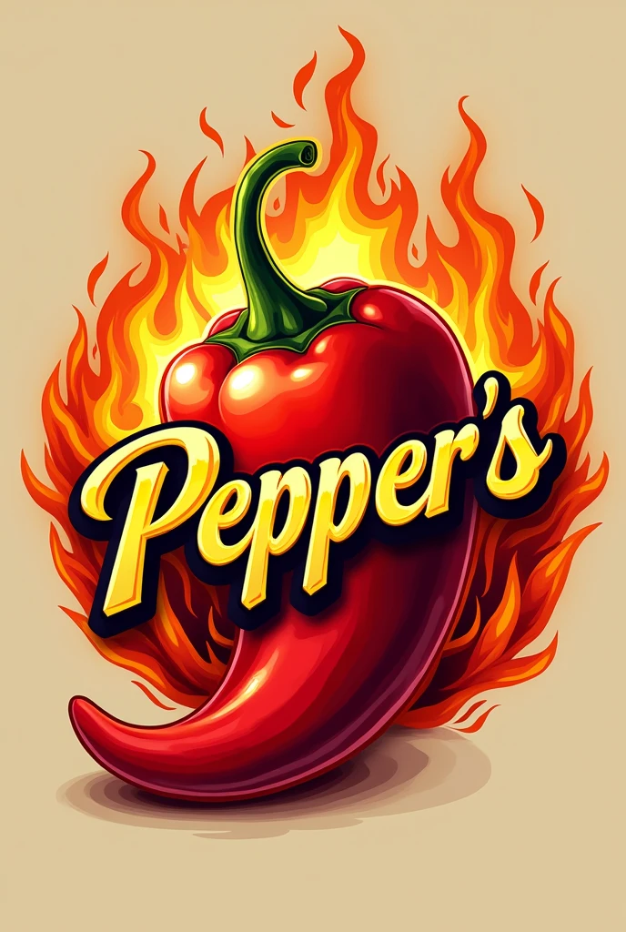 A logo written Pepper's with a red pepper in the background in fire
