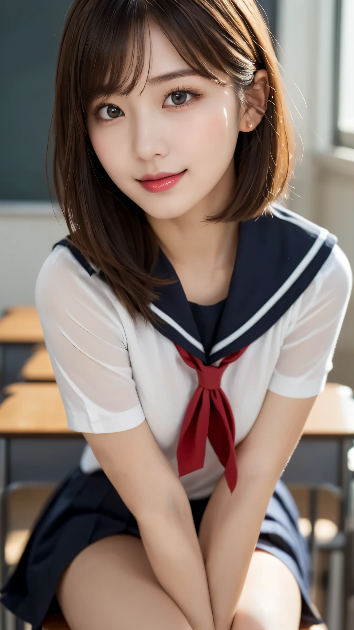 (masterpiece:1.3), (16k, photorealistic, RAW photo, best quality: 1.4),(photo of a beautiful Japanese girl), absurdres, attractive, ultra high resolution, ultra realistic, highly detailed, golden ratio, ultra detailed, super fucking beautiful detailed face, natural makeup, detailed cloth texture, detailed hair texture, beautiful detailed fullbody, Perfect female body, accurate, Anatomically correct, Highly detailed face and skin texture, (beautiful hands), (realistic skin), (beautiful pale skin:1.1), (Perfect dynamic composition, looking at viewer, full body shot:1.3), 
BREAK, 
realistic eyes, beautiful detailed eyes, symmetric eyes, Light Brown eyes, Double eyelids, Thin eyebrows, (Glossy lips:1.4), ((A face with waiting for a kiss, Seductive smile:1.2)), (weat skin, blush:1.1), 
BREAK, 
((short hair, bob, Dark blonde hair, bangs, pin:1.2)), (Daytime, classroom:1.3), (school uniform, sailor suit:1.3)