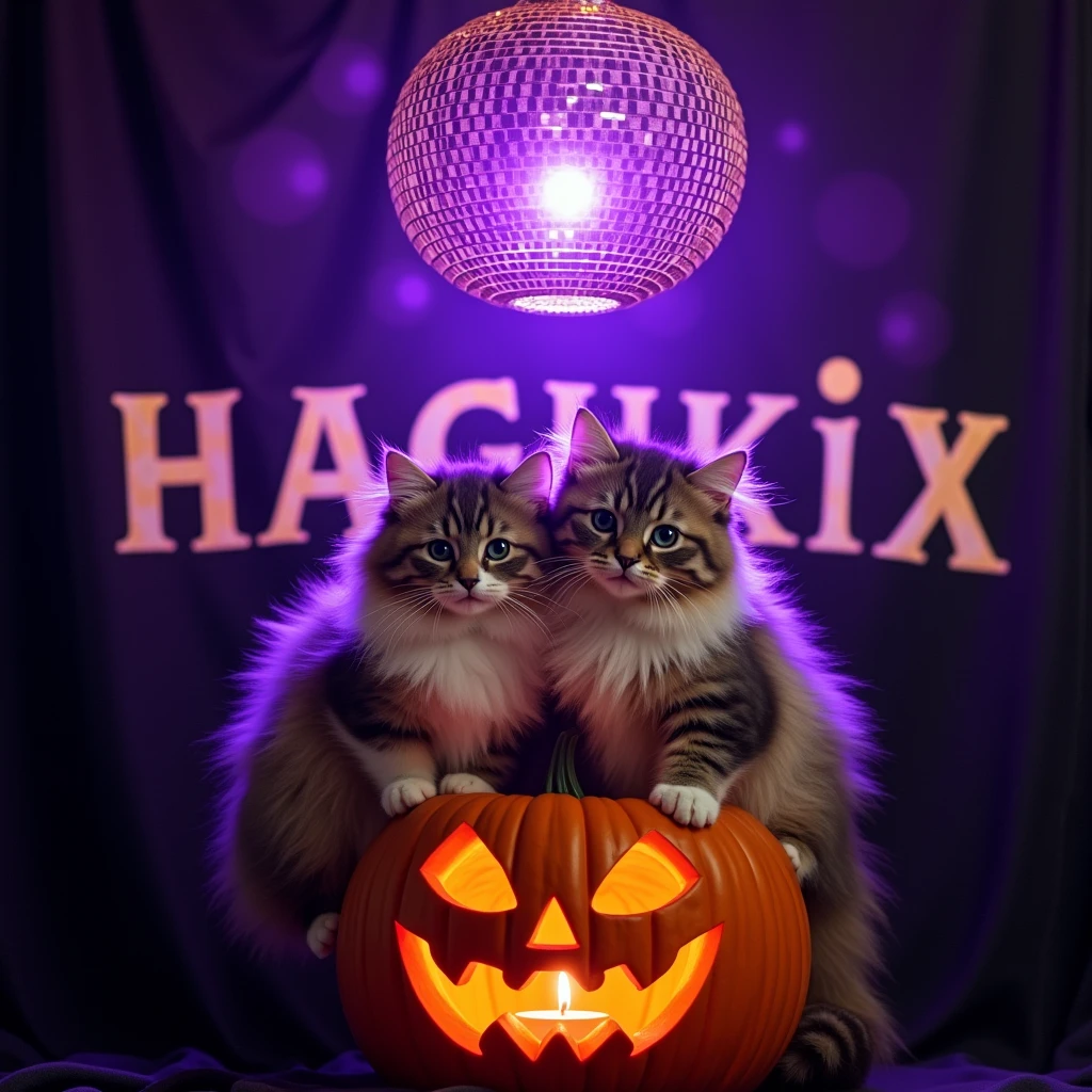 Long-haired cats、sitting on top of a jack-o'-lantern、A purple light shone down from the mirror ball above.、The background is the word HAGUKIX