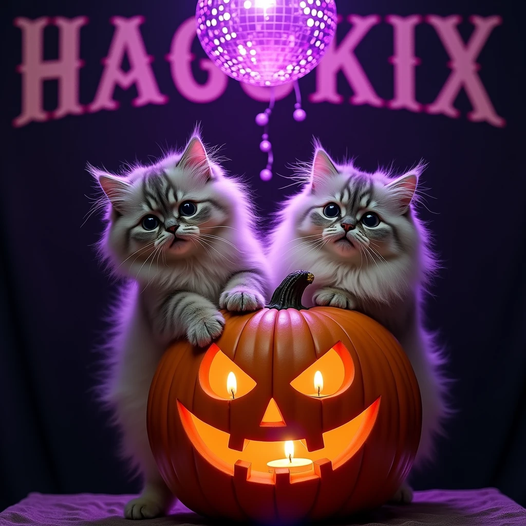 Long-haired cats、sitting on top of a jack-o'-lantern、A purple light shone down from the mirror ball above.、The background is the word HAGUKIX