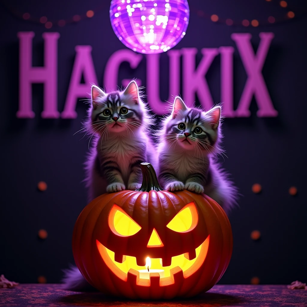 Long-haired cats、sitting on top of a jack-o'-lantern、A purple light shone down from the mirror ball above.、The background is the word HAGUKIX