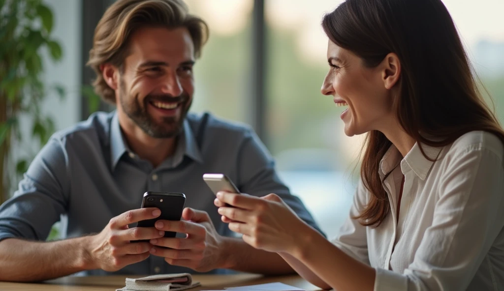 a man and a woman exchanging messages on cell phones