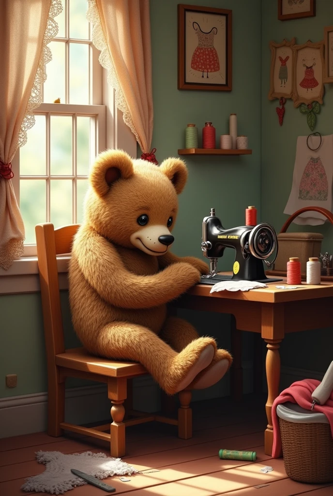 realistic bear sitting on a chair, sewing with a sewing machine in a sewing workshop with warm colors and cozy atmosphere