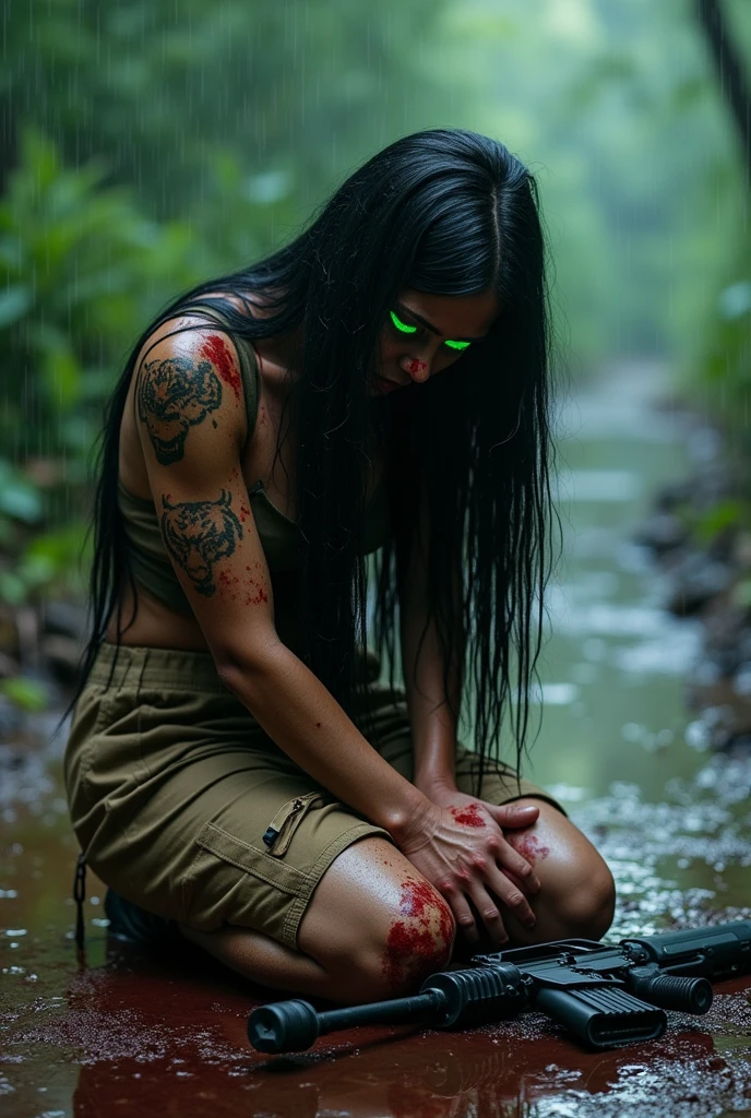 A Thai woman with long black hair, in a brown hiking outfit, her body covered in blood, while some parts of her body are that of a tiger, in agony, kneeling, with green light in her eyes, beside her is an M16 rifle and blood stains on the ground, amidst the rainy atmosphere.