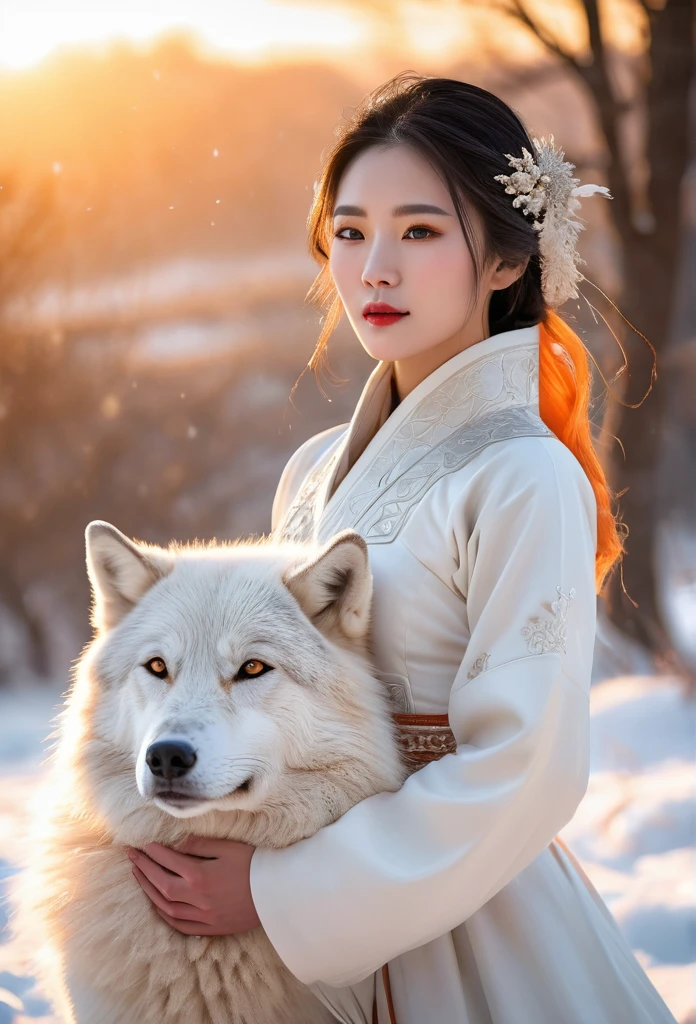 A beautiful Korean woman in a pure white ancient Chinese dress, embracing a big white wolf in a snowy field, with snowfall, in the evening, with the orange glow of the setting sun casting a warm light in the background, (best quality,4k,8k,highres,masterpiece:1.2),ultra-detailed,(realistic,photorealistic,photo-realistic:1.37),detailed face,detailed eyes,detailed lips,extremely detailed eyes and face,long eyelashes,detailed dress,detailed fur,detailed snow,detailed sunset,landscape,portrait,warm colors,soft lighting