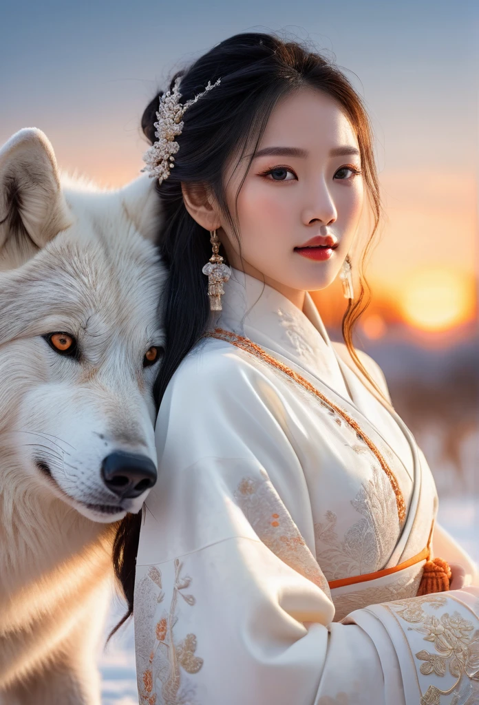 A beautiful Korean woman in a pure white ancient Chinese dress, embracing a big white wolf in a snowy field, with snowfall, in the evening, with the orange glow of the setting sun casting a warm light in the background, (best quality,4k,8k,highres,masterpiece:1.2),ultra-detailed,(realistic,photorealistic,photo-realistic:1.37),detailed face,detailed eyes,detailed lips,extremely detailed eyes and face,long eyelashes,detailed dress,detailed fur,detailed snow,detailed sunset,landscape,portrait,warm colors,soft lighting