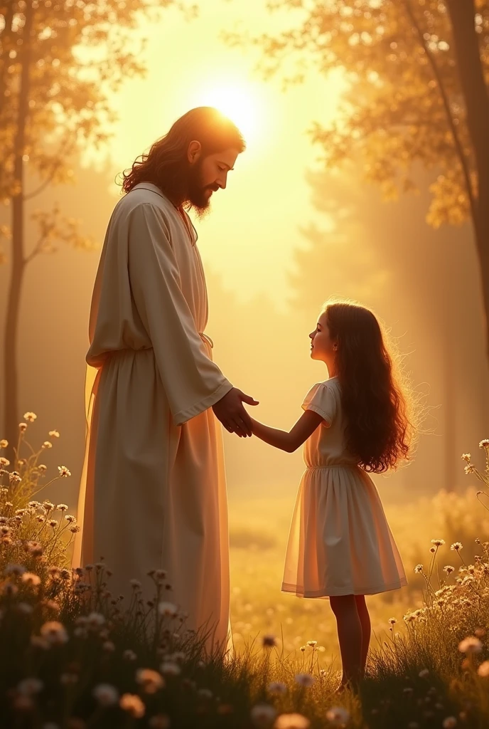 Jesus with his back turned, offering his hand to a girl with brown wavy hair.,58