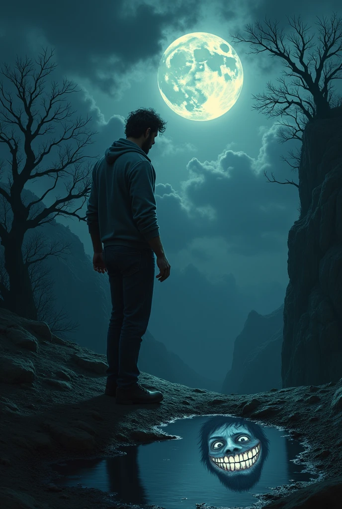Create an image for a horror book, I want a 35-year-old man looking at a cliff and his reflection smiling at him