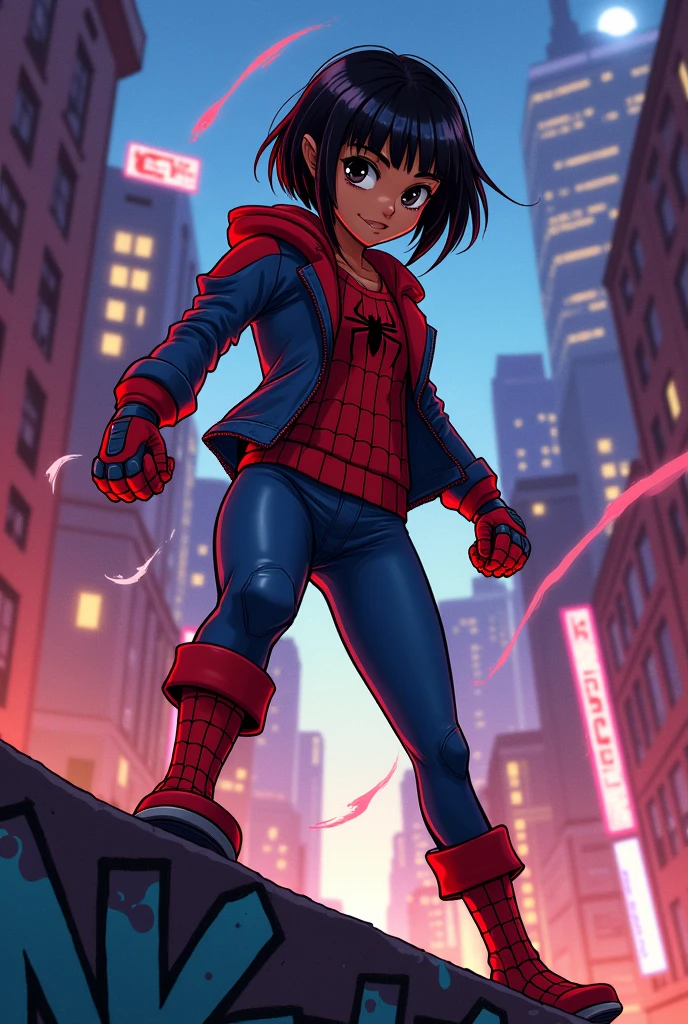 a brown girl with black eyes and short straight hair with bangs with red highlights on the back of her neck in the Spiderverse comics