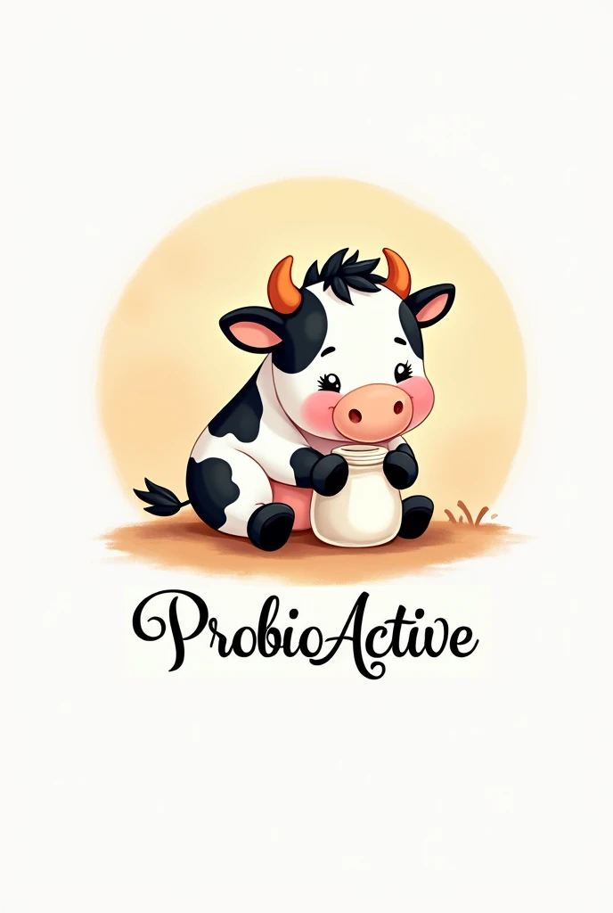 Cute animated black and white cow sitting with long eyelashes holding a bottle of milk. Round image with the word ProbioActive in italics below.