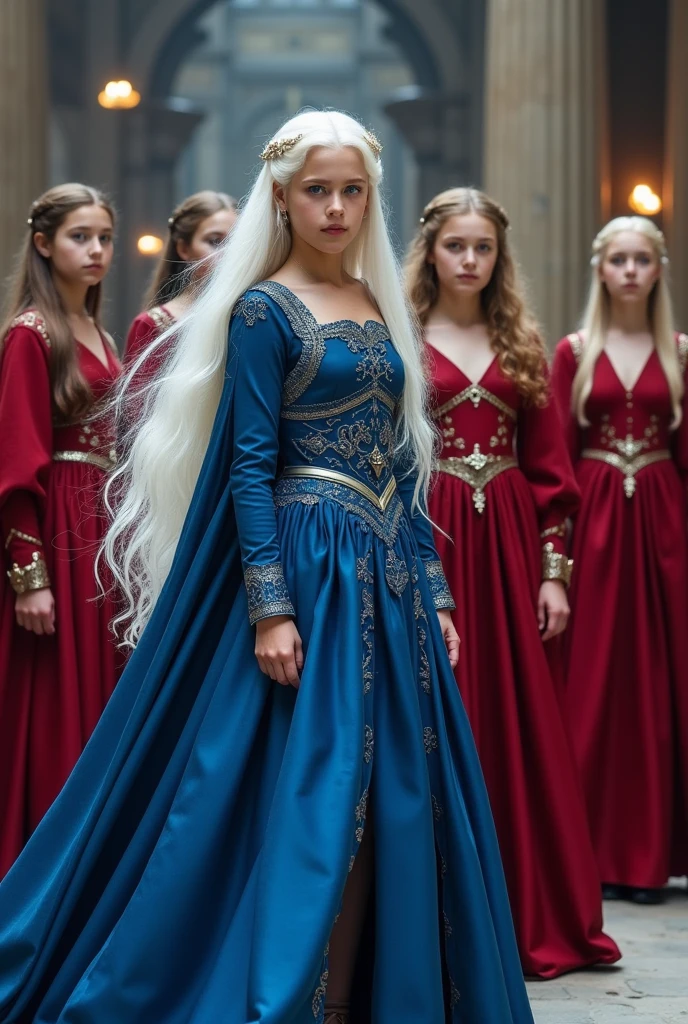 Girl dressed in blue, about 13 years old, beautiful, thin and with purple eyes, Targaryen with white hair and with her older sisters also with white hair, twins in red clothes with Vicerys Targaryen 