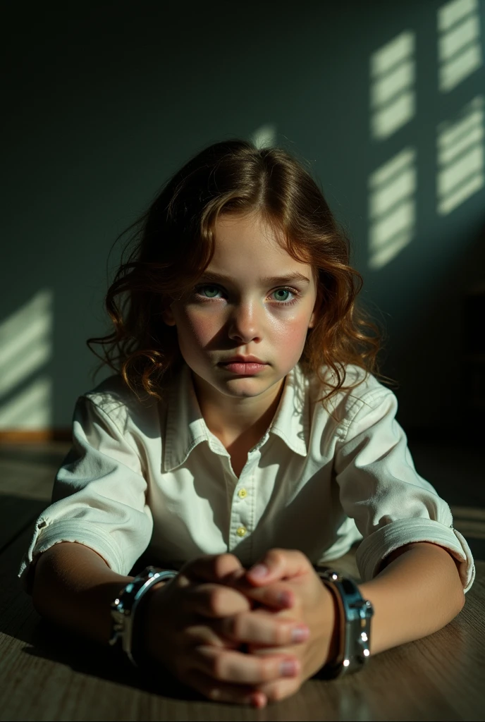 One girl is tied up on her back with handcuffs.
