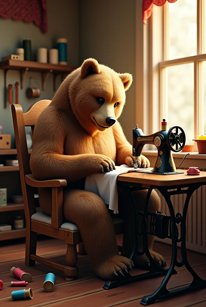 realistic bear sitting on a chair, sewing with a sewing machine in a sewing workshop with warm colors and cozy atmosphere