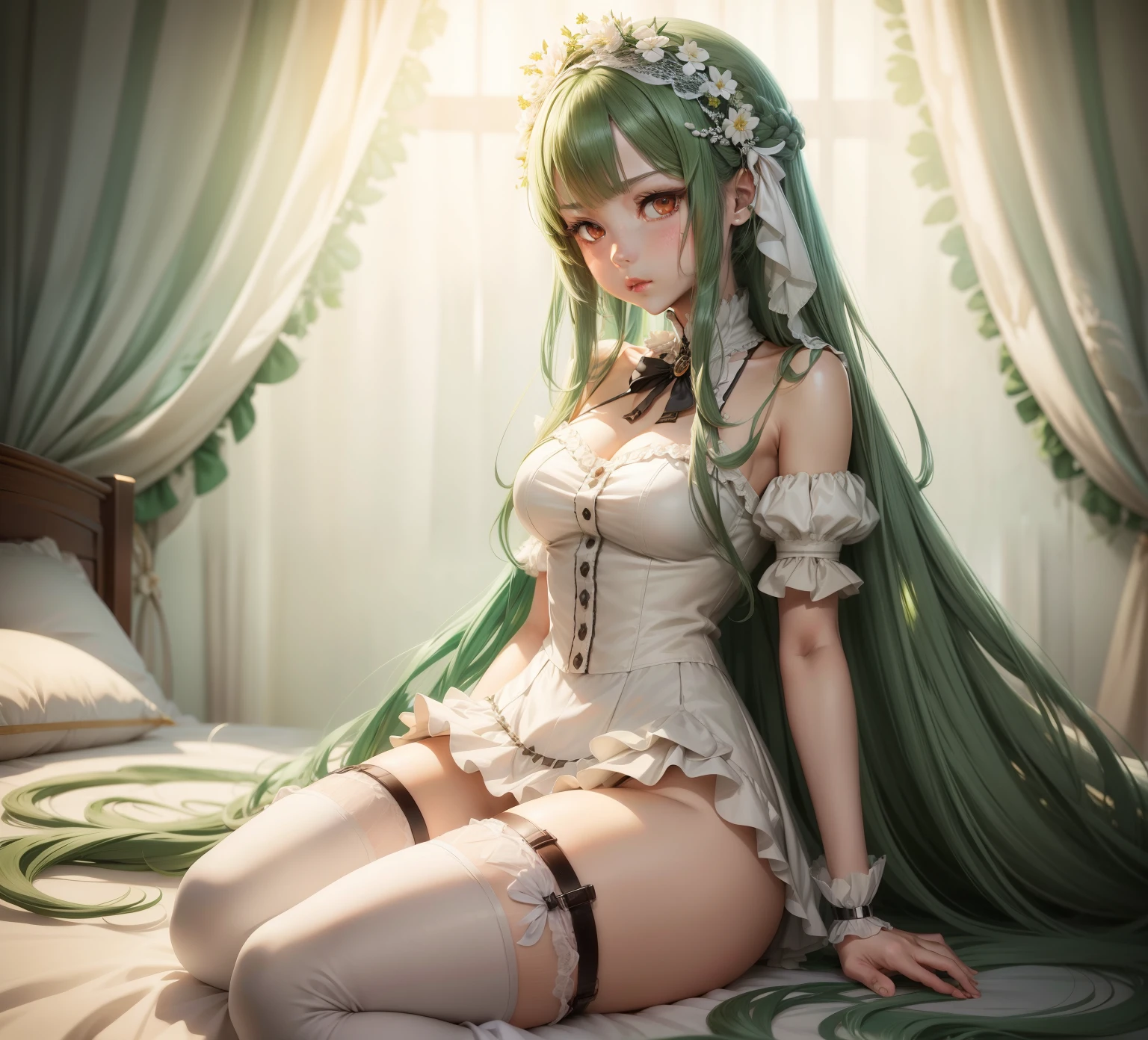 anime girl with long hair and a white dress sitting on a green and white striped background, fine details. anime. tentacles, anime goddess, red eyes, from girls frontline, cushart krenz key art feminine, android heroine, fine details. girls frontline, tentacles robotic arms, anime monster girl, hq artwork, lamia, lolish, girls frontline cg, official anime artwork, nsfw, panties