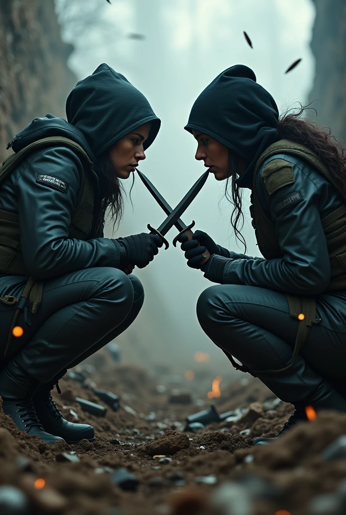 Two female assasins, one african and the other russian, trapped together in a wartrench with bullets flying overhead, both are crouched, hands on eachothers mouth while they hold knives to eachothers throat, both have j cup boobs