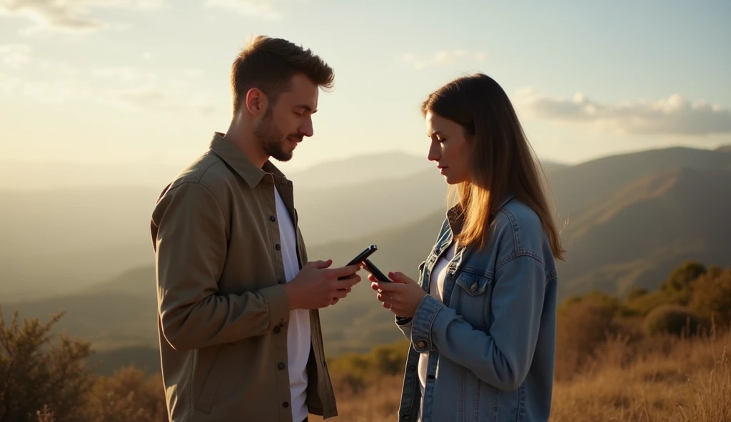 a man and a woman, exchanging messages on their cell phones at a distance