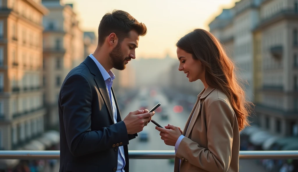 a man and a woman, exchanging messages on their cell phones at a distance