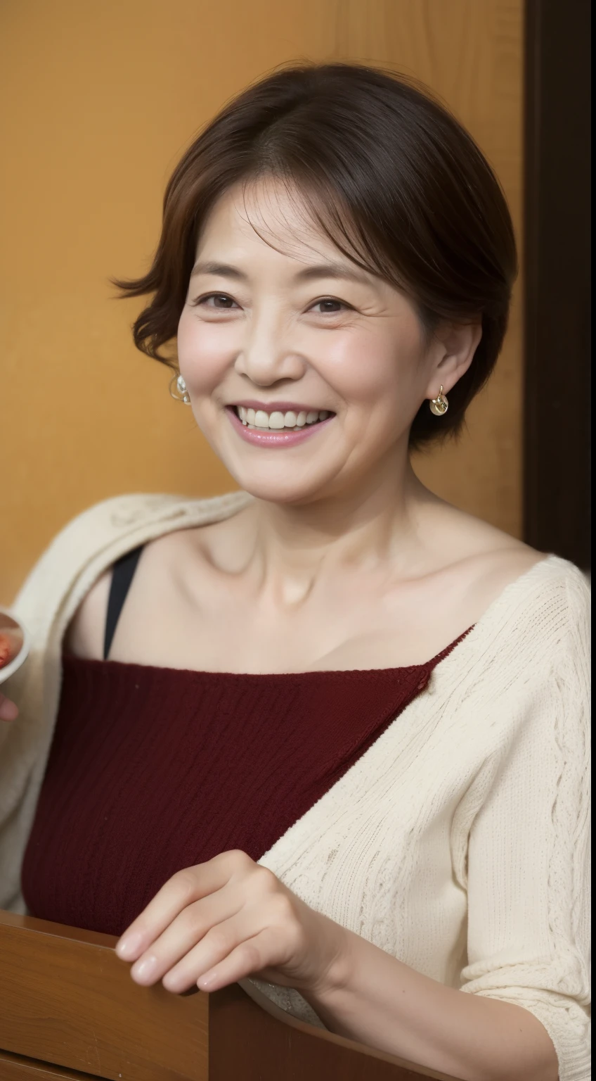 Osaka's aunt、Organic Photography、Highest quality、masterpiece、Ultra-high resolution、Beautiful Japanese old lady、60 years old、Looking at the audience、Elegant face、Smiling with teeth showing、Big Breasts、Wearing a plain short-sleeved knit、Short Hair、mini skirt、Earrings、A corner of a coffee shop, Background Blur