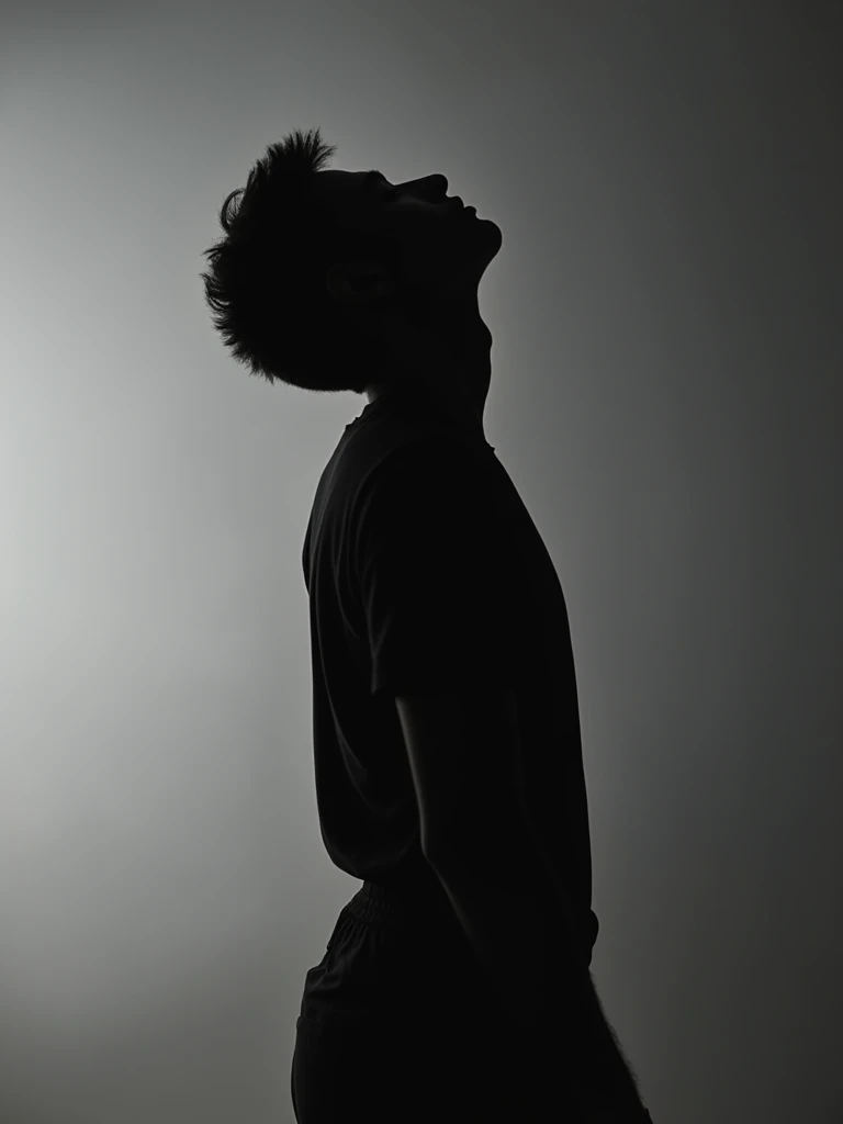 The image shows the silhouette of a person against a gradient background that transitions from light gray on the right to darker gray on the left. The figure is facing upwards, with their head tilted back, and the entire body is in shadow, creating a stark contrast with the background. The silhouette is simple, with no visible details on the person, emphasizing the shape and posture. The lighting condition is soft and diffused, with no harsh shadows or highlights, giving the image a calm and contemplative mood.::3 