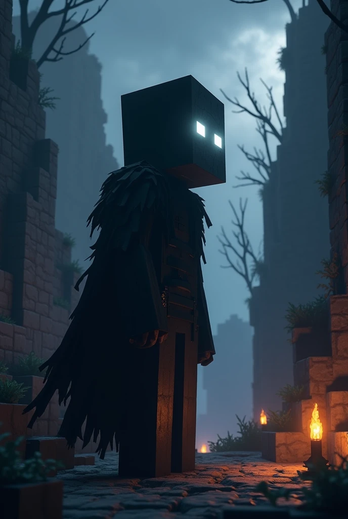 herobrine, Minecraft game villain, in profile pose, looking to the left, frightful