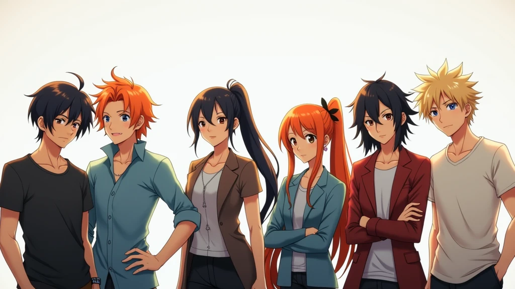 Six people, A guy with long black hair, with grey eyes, Beautiful face, beautiful body, guy with orange hair, blue eyes, girl with very short black hair, black eyes, blond guy with brown eyes, girl with short orange hair tied in a ponytail, девушка с длинными чёрными волосами и blue eyes, anime art, masterpiece, realistically