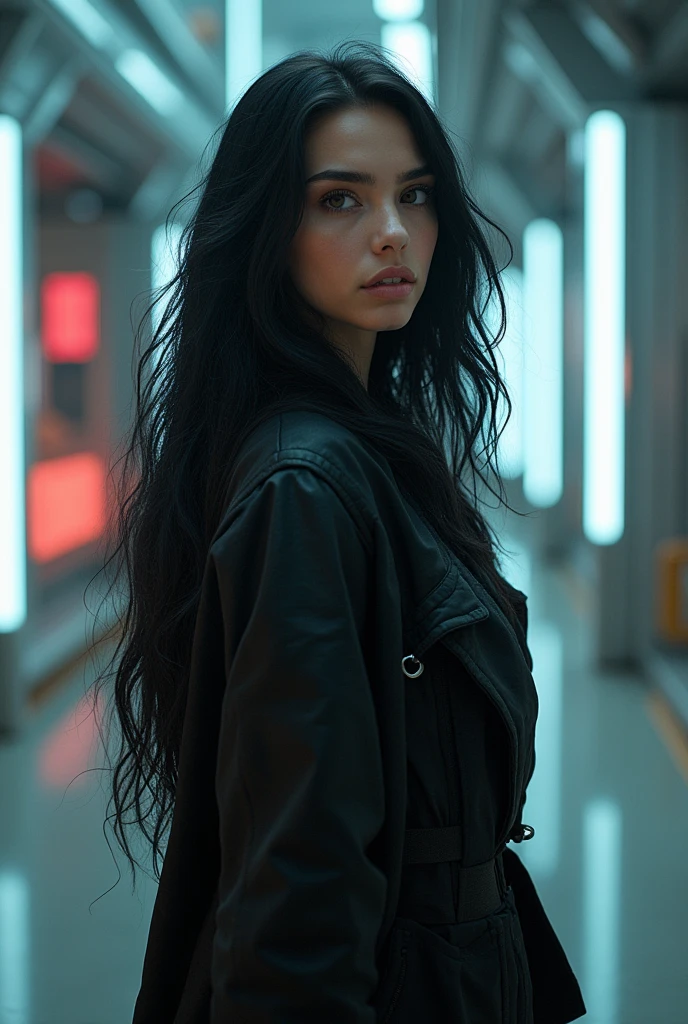 (masterpiece:1.2, best quality), 1 Lady 23 years old , alone, photorealisti, Science-Fiction film, Science-Fiction, Science-Fiction, Full body, big boobs, Focus on face, realisti, powerful, smart, sensual, detailled eyes, well detailed, long voluminous black hair down to the butt, best CG,