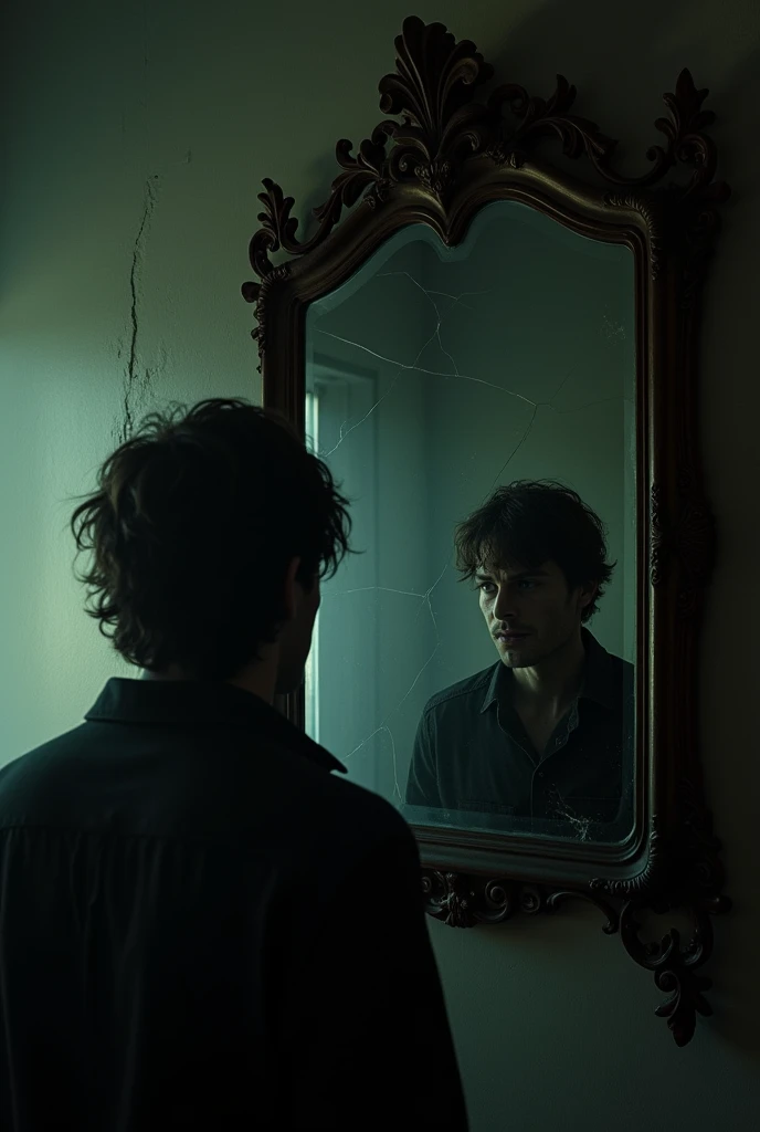 Create an image for a horror book, I want a 35-year-old man looking at a mirror and his reflection smiling at him.