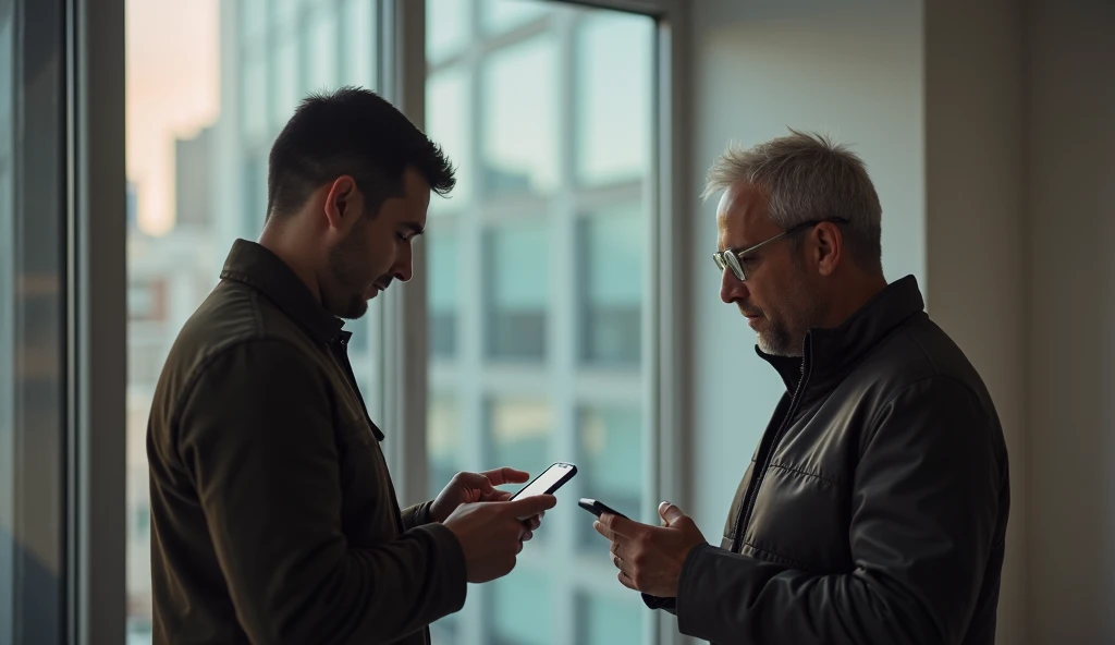 a man , exchanging messages on their cell phones at a distance