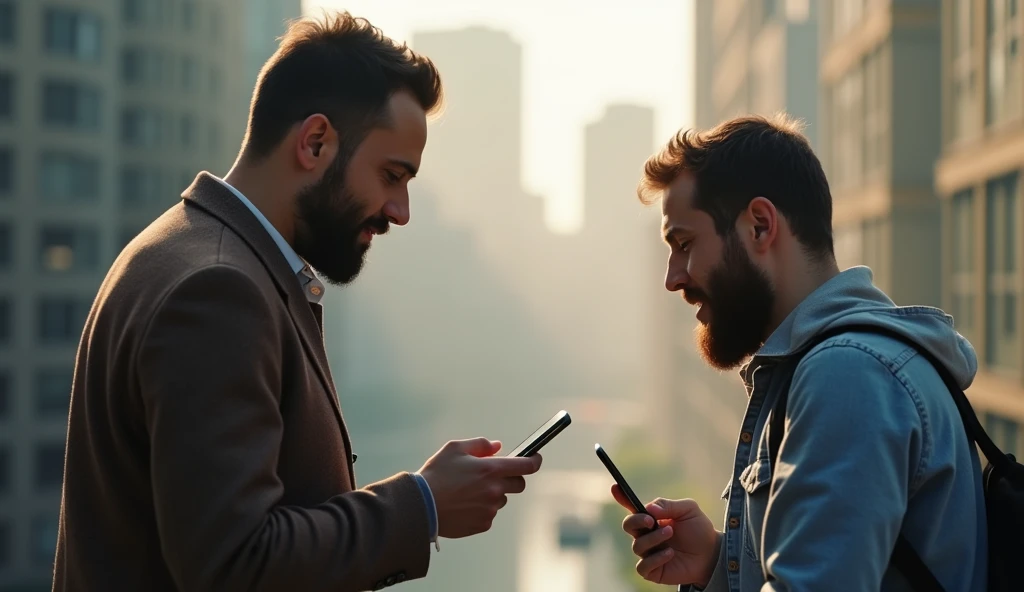 a man , exchanging messages on their cell phones at a distance