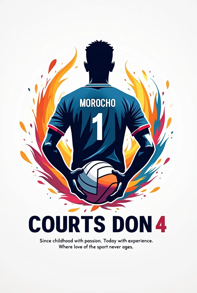 crear un logo para Courts Don 4 , that reflects futsal and volleyball and a man with his back turned and on his shirt the name Morocho L. and below the logo have the slogan "Since childhood with passion, Today with experience. Courts Don 4: Where the love for the sport never ages."
