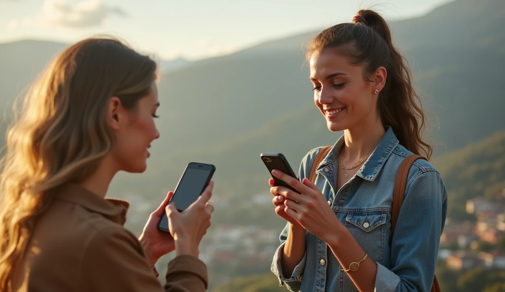 a woman, exchanging messages on their cell phones at a distance