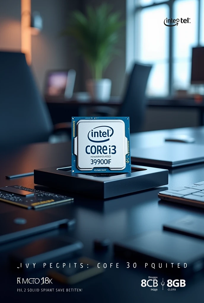 Create an advertising image of a CPU with the following specifications:
intel processor(r) Core i3-9100F CPU @ 3.20GHz 3.60GHz
rAM 8.00Gb
Solid State Drive M.2 128Gb
Placa Asus H310
Unidad de Estado rígido 1Tb
Tarjeta de Video NVIDIA GeForce GT 730
Case Hallion
Monitor LG 19"
Teclado y Mouse Teros
Estabilizado Forza
PadMouse
PrECIO S/950.00