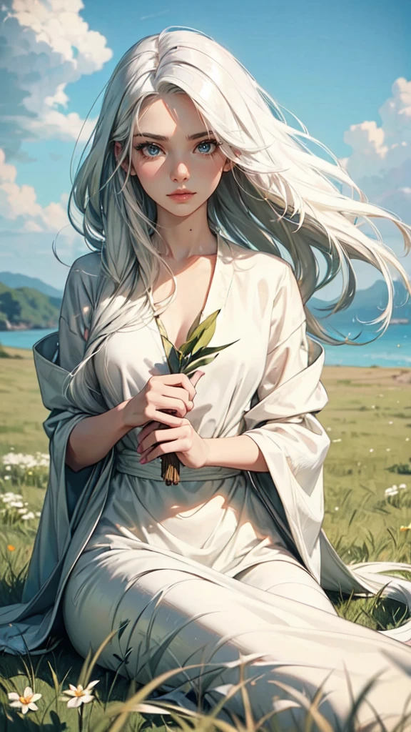 Beautiful girl with white hair lies on the grass. Her hair flutters in the wind in one hand she holds a white snake, and in the second she squeezes women's white panties,detailed,xy pose,detailed face, detailed eyes, detailed hands, elf woman,wet, mil all over her, full body