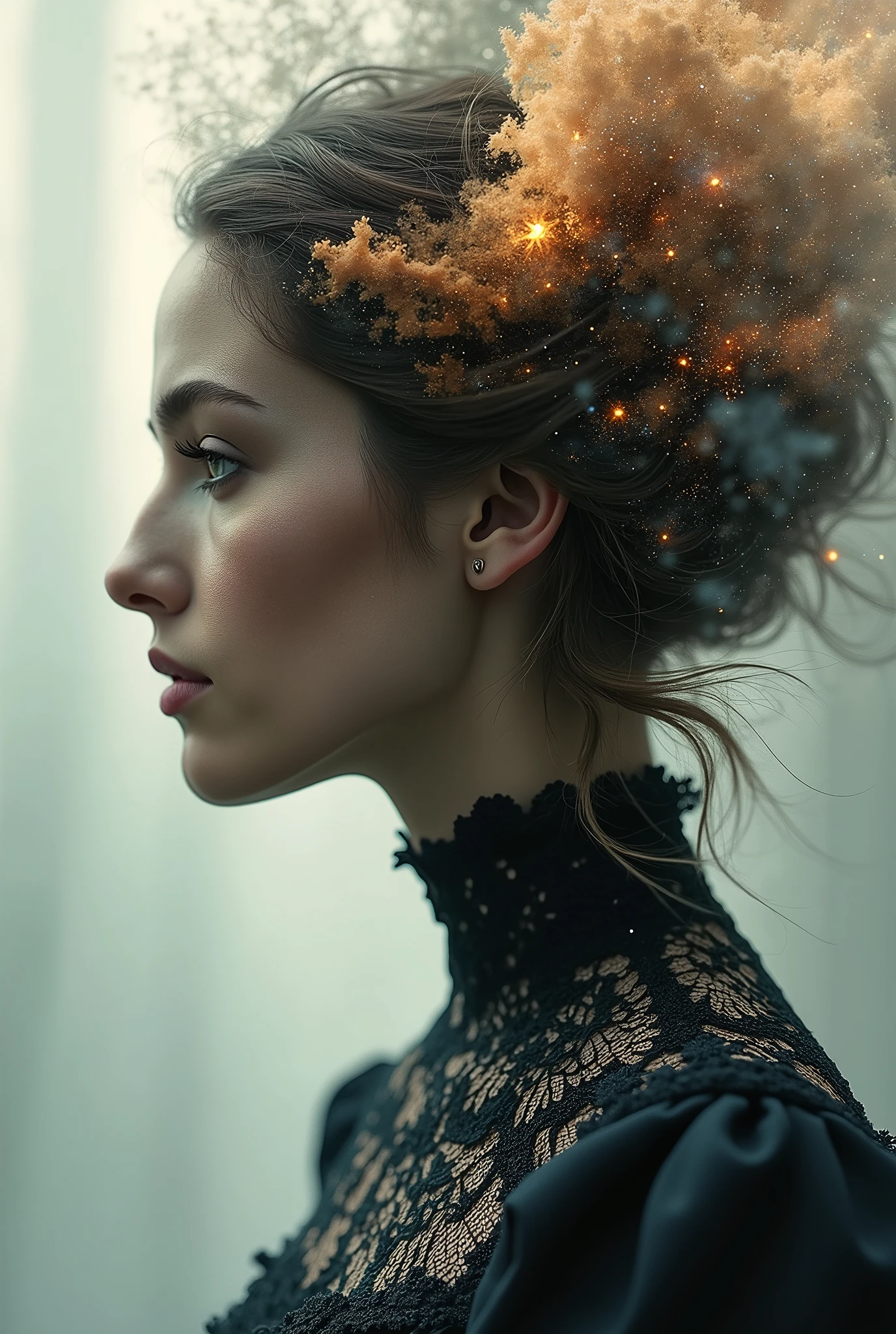 (Photorealism:1.1) goddess, portrait, Close-up, double exposure, high lace collar, portrait в профиль, moody lighting