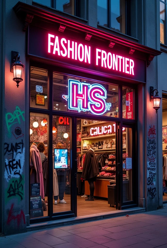 Fashion Frontier - Opening up new horizons in fashion、Innovative style store　HS Logo Letter Design Punk Original Sticker Sign Close-up　front 