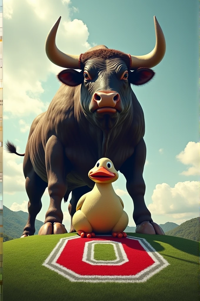 a giant bull standing on top of a duck and an ohio state buckeyes logo