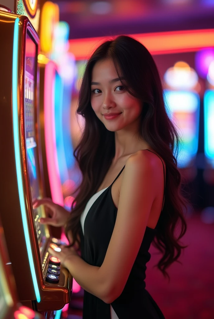 Elegant and Realistic Asian Girl wearing Black and white party dress is Playing Slot Gambling