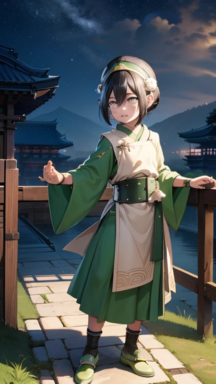 Ultra detailed ,beautiful  , delicada ,Toph beifong ,   girl ,japonese  girl ,1girl , flat  chest , green  clothes , Black hair, blind ,night , japonese temple  background ,Beautiful face.  , standing  , Wallpaper. Kung-fu pose , frontal, simetric , full body, green shoes