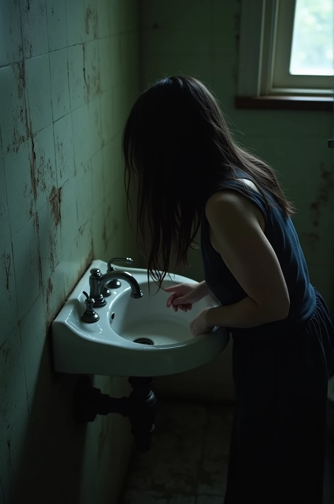 Picture of Rina looking down to wash her face at the sink, while whispering sounds emerged from the drain. The image emphasizes the horror coming from an unseen direction..