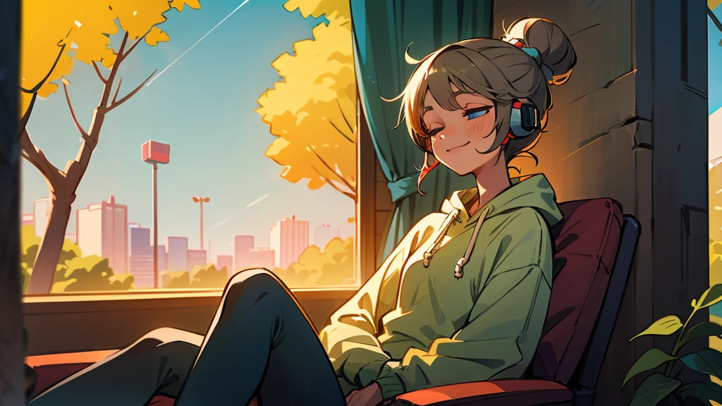 A beautiful girl is relaxing in a quiet room, She gazes out the window with headphones on during the day. The room is bathed in soft sunlight, All I can hear is the trees outside々There is only a gentle murmur of. She is wearing a comfortable oversized hoodie and leggings, Her hair is pulled back in a messy bun. She is smiling and relaxed with her eyes closed, The music she is listening to seems to bring her peace.A natural room space is the main focus.