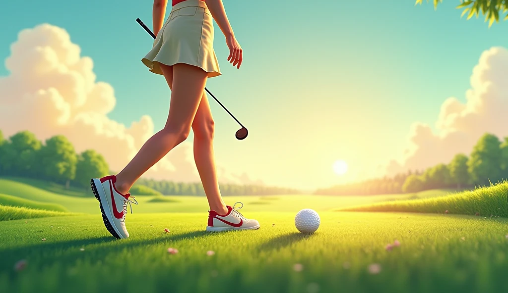 Make an Asian female model photo for a golf tournament poster, Full shot, The clothes are short skirts, sexy body, Make a golf ball in the background, nike golf shoes, accurate, high details, super detail, high quality, best quality, highres, masterpiece, Walk towards the camera,