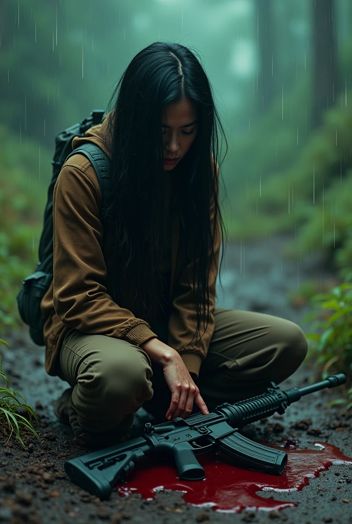 A Thai woman with long black hair, wearing a hiking outfit, long pants, a brown jacket, her body covered in blood, while some parts of her body turned into a tiger, in agony, kneeling, with green light in her eyes, beside her is an M16 rifle and blood stains on the ground, amidst the rainy atmosphere.