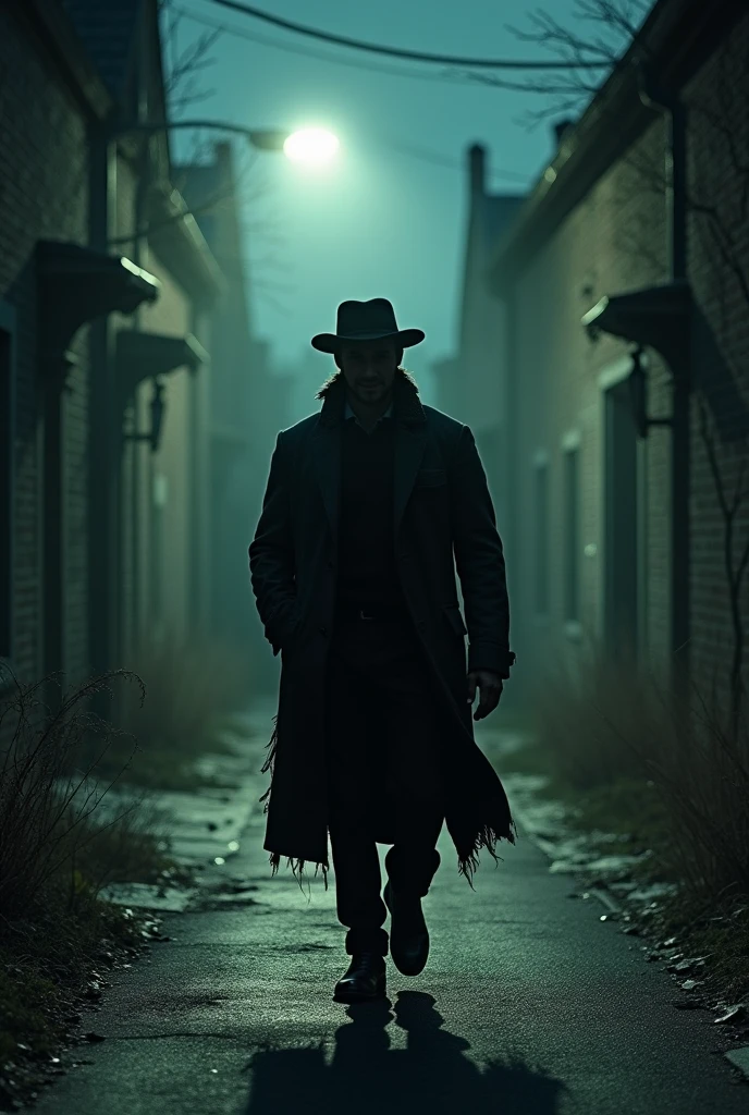 Create an image for a horror book, I want a 35-year-old man walking down a dark street with only one light showing his shadow smiling