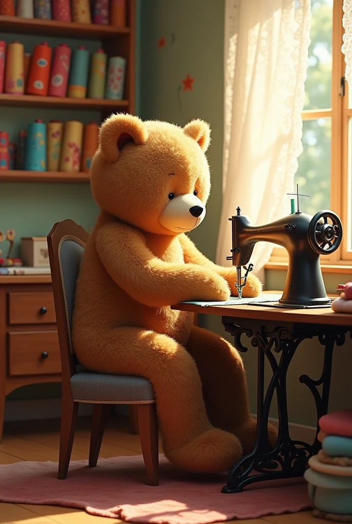 cute Big bear sitting on a chair, sewing with a sewing machine in a sewing workshop with warm colors and cozy atmosphere