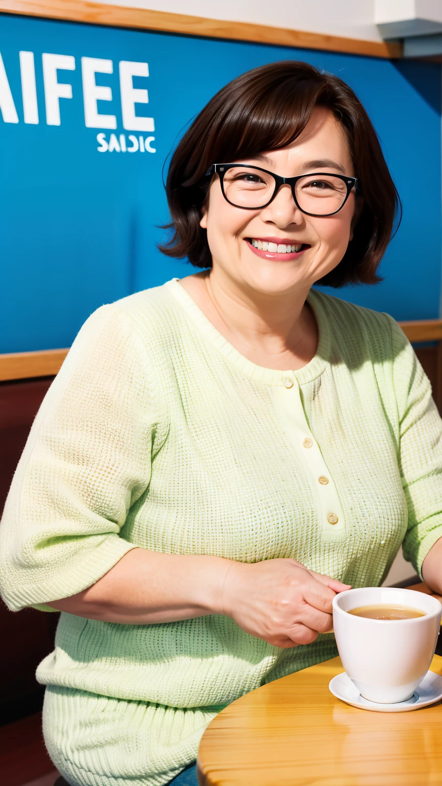 8k wallpaper, masterpiece, Highest quality, Very detailed, One Mature Woman, 50 years old, Become very clear, Wearing a short-sleeved knit, Skin dents, Captivating smile, Looking at the audience, No lapel microphone, Plump, Curvaceous, Attractive face, Smiling with teeth showing, I was happy, sitting in a cafe, Background Blur