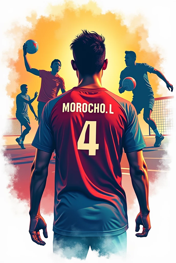 crear un logo para Courts Don 4 , that reflects futsal and volleyball and a man with his back turned and on his shirt the name Morocho L. and below the logo have the slogan "Since childhood with passion, Today with experience. Courts Don 4: Where the love for the sport never ages."
