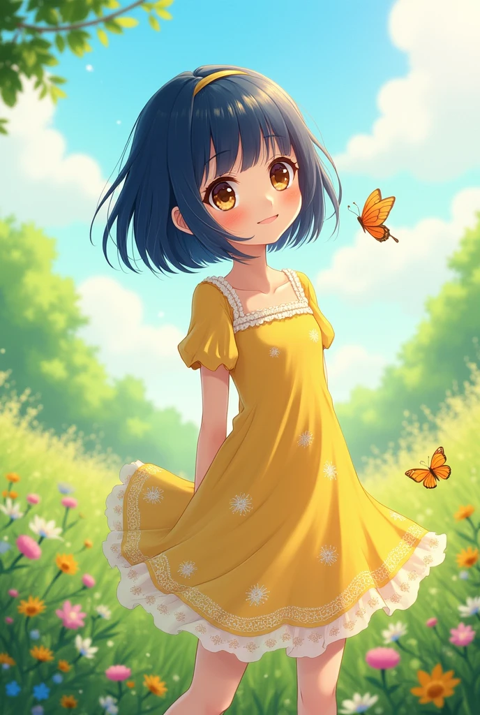 Anime girl with very dark blue hair, straight, very short and with bangs, large eyes, brown and expressive, Oval face, with high cheekbones and a small nose, slim and athletic body, with a female figure, with a yellow floral dress, white valettes