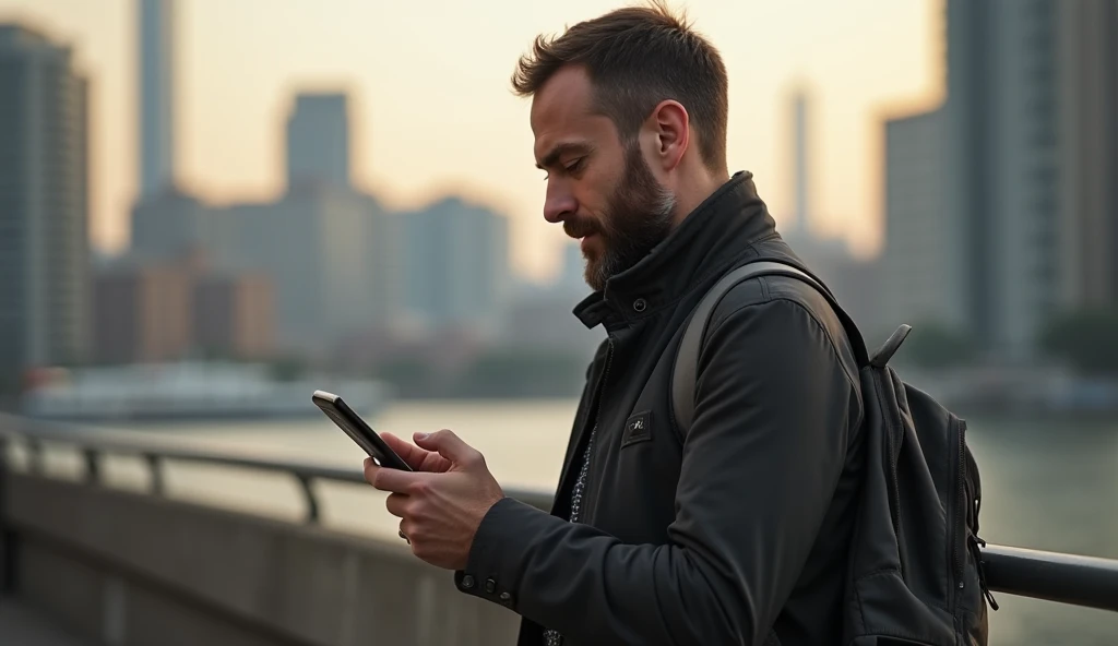 a man exchanging messages on his cell phone from a distance