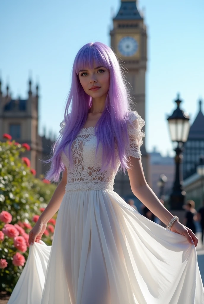 A beautiful white woman with long straight purple hair, bangs, and blue eyes, wearing a white lace dress in London.